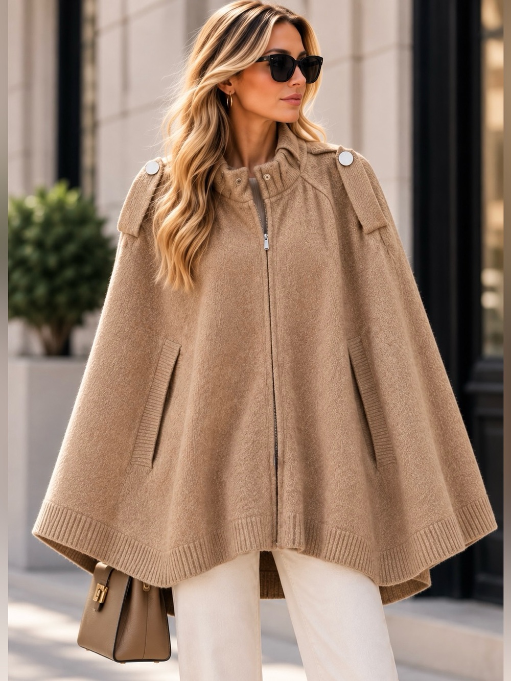 BCBGMaxAzria Zip Teddy Cape in Camel Brown